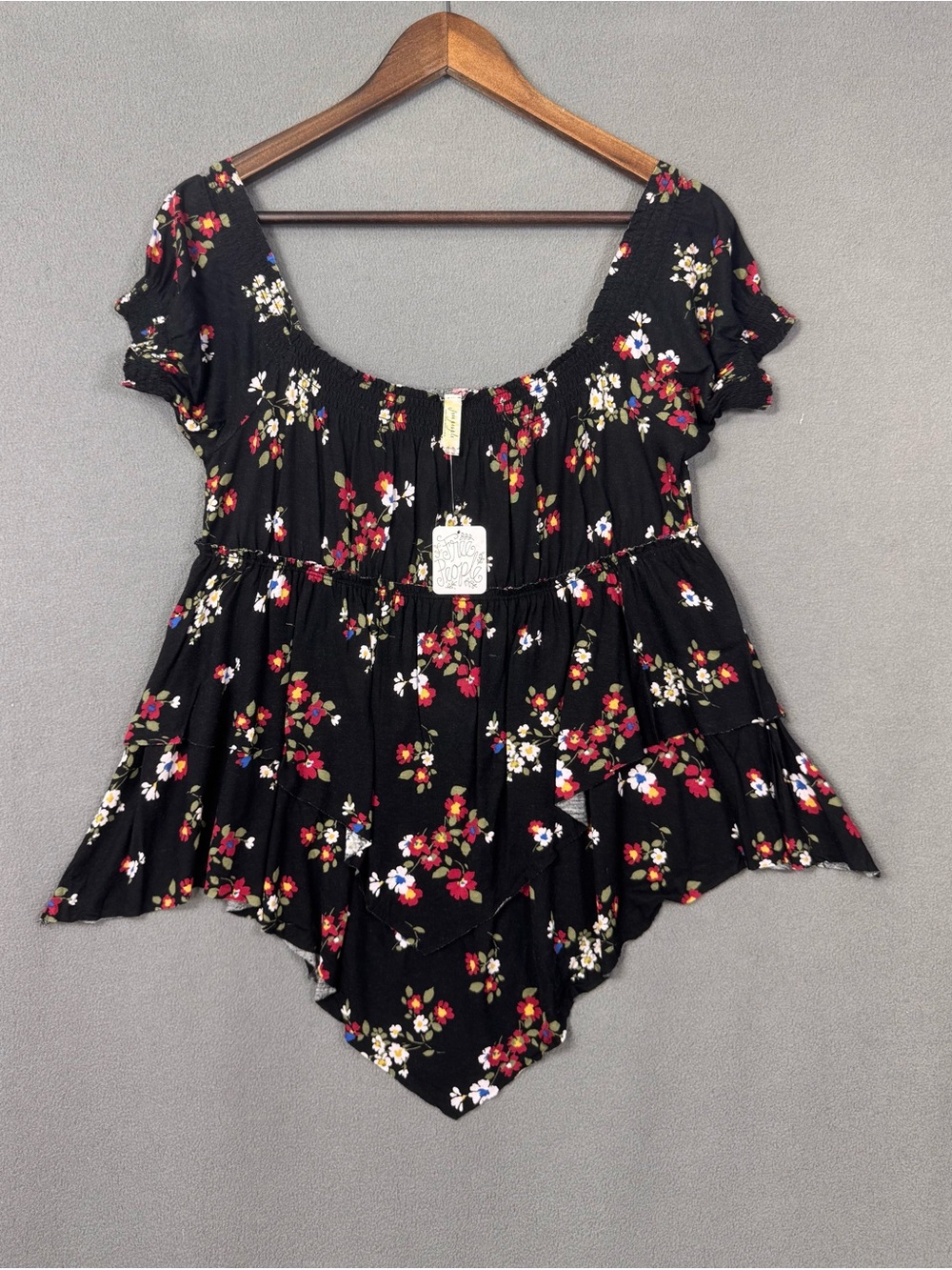 Vintage Free People Layered Babydoll Peplum Ruffle Top, Black Floral, XS